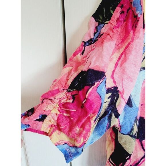 Chico's‎ 1 Linen Blouse Top Size M Pink Blue Floral Hibiscus Short Sleeve Rouche - Picture 6 of 7